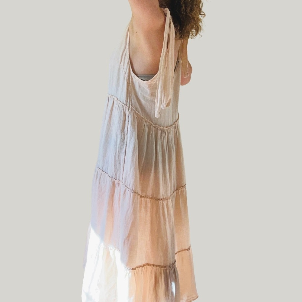Beachwood Pink 100% Linen Tiered Tie Shoulder Midi Dress Made in Italy One Size - Picture 6 of 9